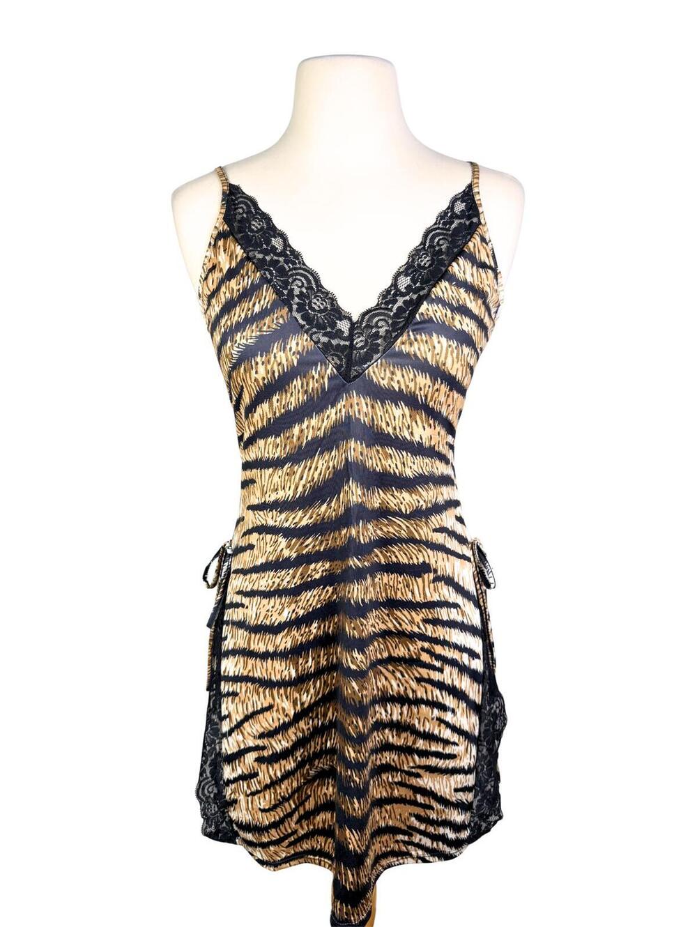 Tiger Print Lace Side Tie Chemise Slip Dress Nightgown S